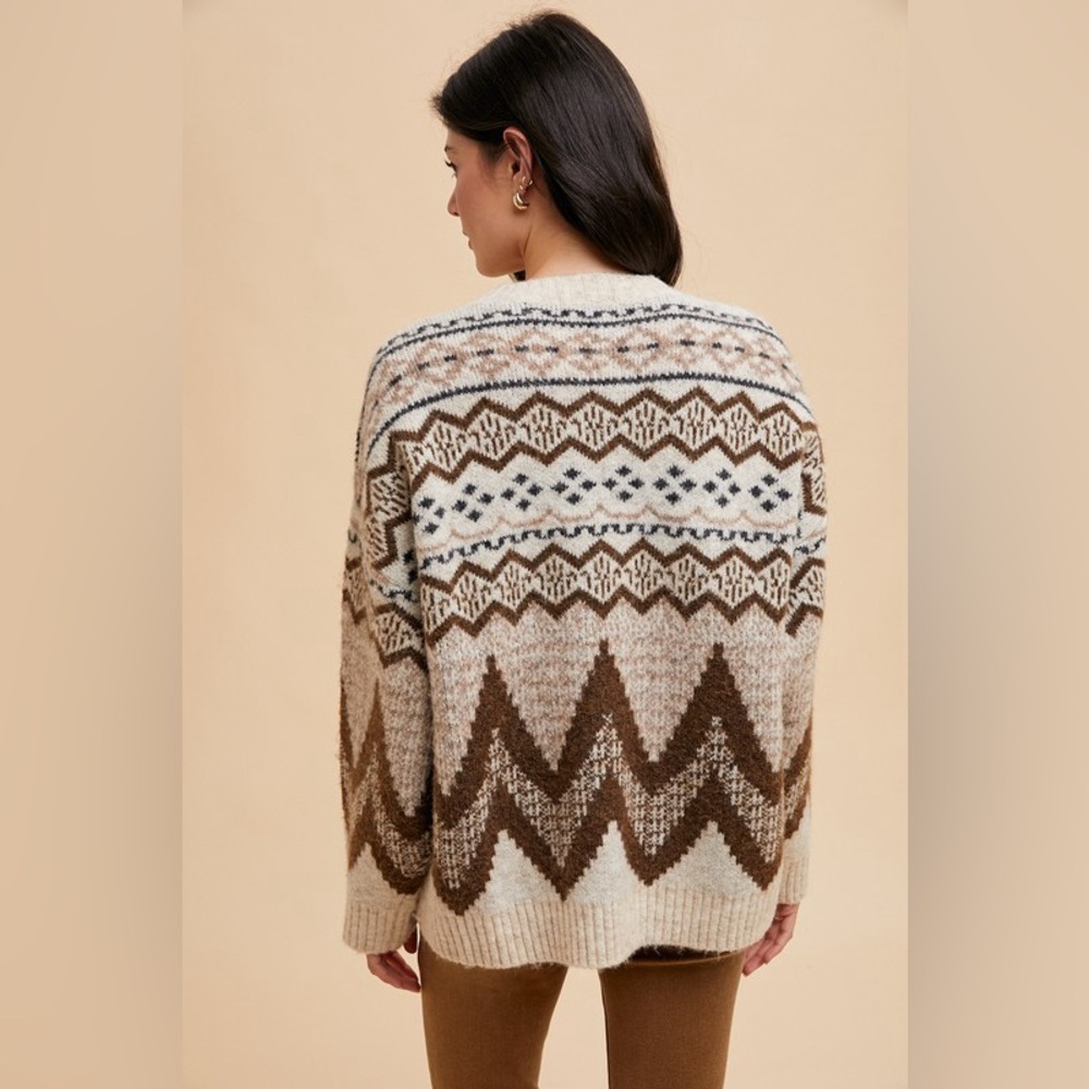 Beige brown argyle Aztec tribal print oversized boho bohemian print sweater top - Picture 4 of 6